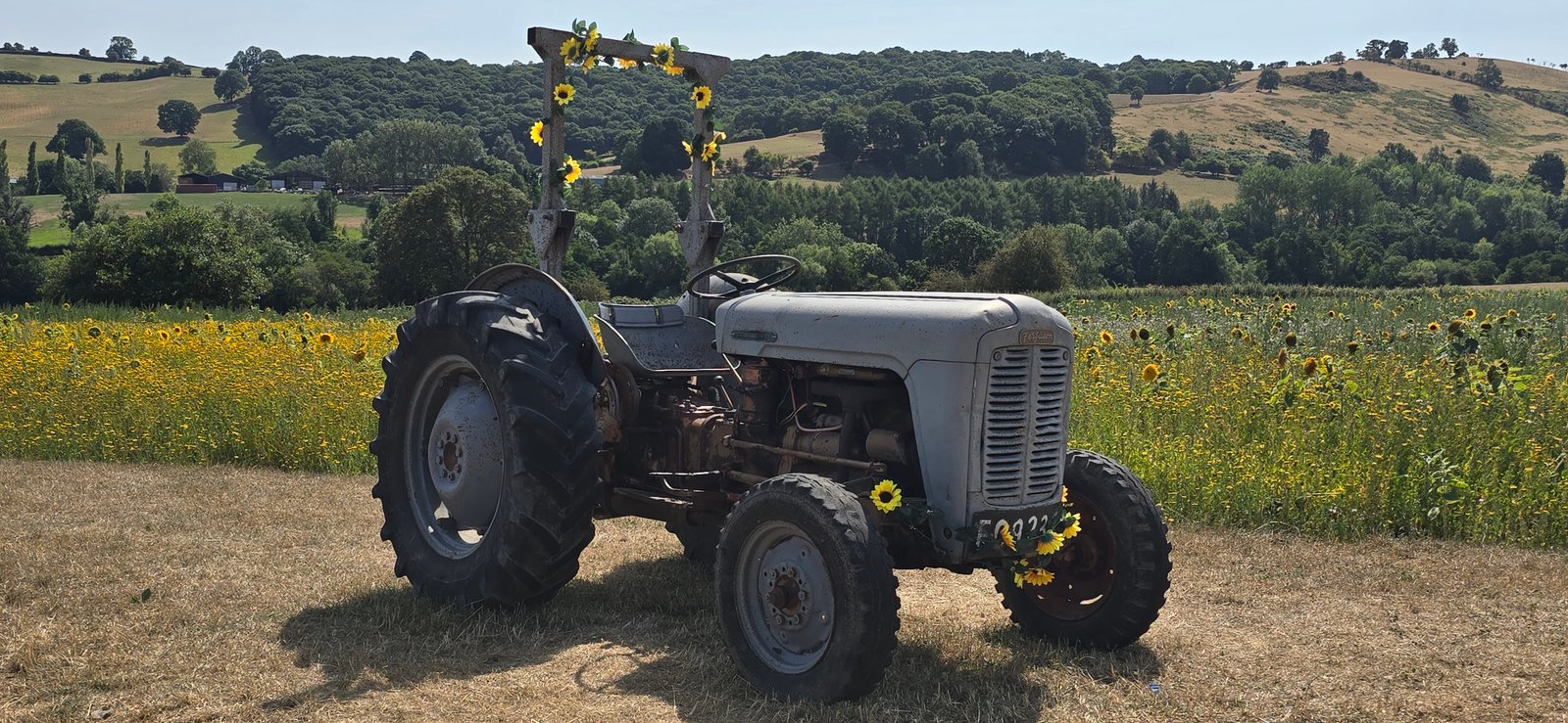 Vintage tractor display decorated with hay bales and sunflowers