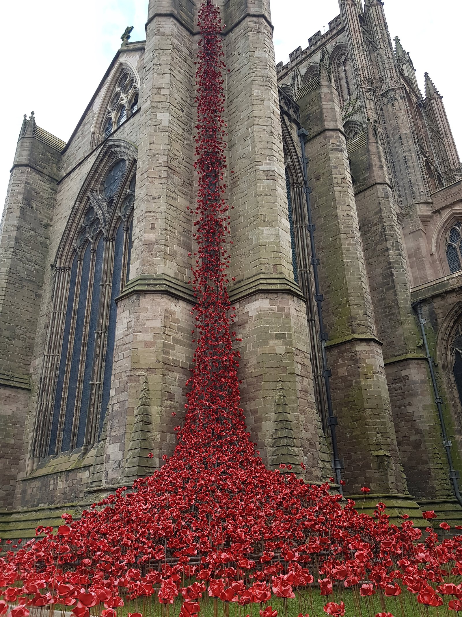 Ceramic poppies installation on a cathedral wall